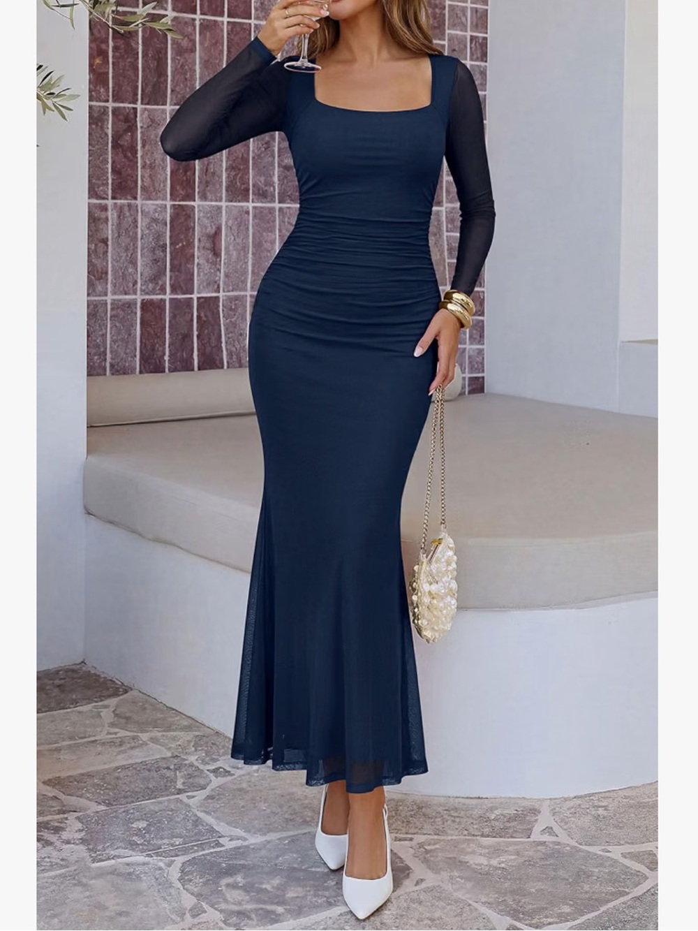 Elegant Long Sleeve Square Neck Bodycon Dress - Navy